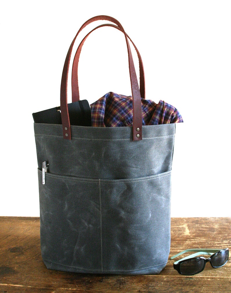 Waxed Canvas Bag With Leather Handles and Pockets Black Etsy