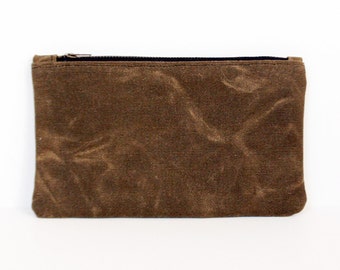 Waxed Canvas Pouch with Brass Zipper, Brown Minimalist Style Pencil Pouch, Simple Wallet Clutch