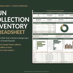 Kalkylblad för skjutvapeninventering Excel Google Sheets-mall, spårning av vapeninsamling, NFA-förtroendeschema, ammunitionslogg, försäkringsrapport
