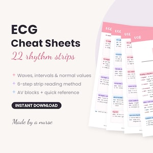 Peut inclure: Un ensemble de fiches mémo ECG présentant 22 tracés de rythme, des ondes, des intervalles, des valeurs normales, une méthode de lecture en 6 étapes et des blocs AV. Les pages ont des en-têtes roses avec le texte ECG et des schémas.