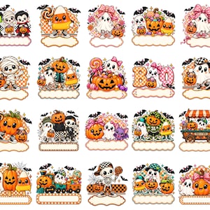 May include: A collection of twenty individual Halloween-themed stickers featuring cartoon characters including ghosts, pumpkins, skeletons, mummies, and candy corn. Each sticker includes a blank scalloped label for text and orange checkered patterns.