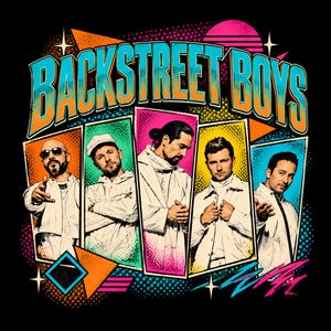 May include: A graphic print featuring the text BACKSTREET BOYS in a bold, multi-coloured font above five individual rectangular panels. Each panel contains a portrait of a band member wearing white clothing, set against vibrant neon backgrounds.