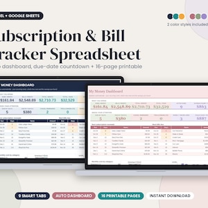May include: A digital subscription and bill tracker spreadsheet for Excel and Google Sheets, featuring an auto dashboard with due-date countdowns. The display shows two colour-coded versions of a money dashboard with financial data tables.