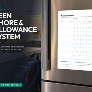 May include: A white paper weekly chore chart with black text and grid lines attached to a stainless steel refrigerator. The chart features columns for tasks, responsibilities, and pay, with rows for daily check-offs and a total earned section.