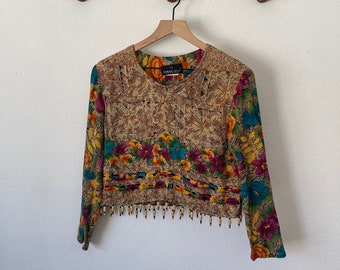 Vintage Tropical Floral Shirt Blouse With Beads