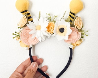 Floral Bee Antenna || Bee Headband || Felt Flowers || Bee Costume || Bumble Bee Headband || Queen Bee Crown Headband || Bumble Bee Costume