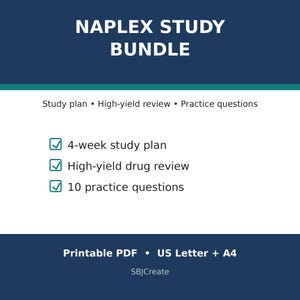 Könnte beinhalten: Ein digitaler Studienleitfaden mit dem Titel NAPLEX STUDY BUNDLE, der einen 4-wöchigen Studienplan, eine hochwirksame Medikamentenübersicht und 10 Übungsfragen enthält. Als druckbares PDF im A4-Format verfügbar. Weißer Text auf dunkelblauem Grund.