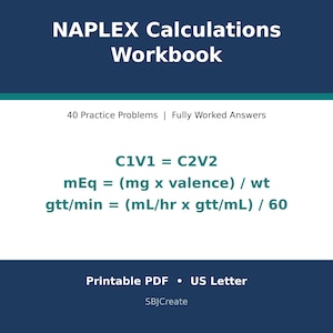 May include: A NAPLEX Calculations Workbook with 40 practice problems and fully worked answers. The cover displays formulas including C1V1 = C2V2, mEq = (mg x valence) / wt, and gtt/min = (mL/hr x gtt/mL) / 60. It is a printable PDF in US Letter size.
