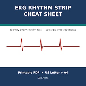 Puede incluir: Una hoja de referencia de tiras de ritmo EKG con texto blanco sobre un fondo azul oscuro. El texto dice EKG RHYTHM STRIP CHEAT SHEET, Identify every rhythm fast — 10 strips with treatments, Printable PDF • US Letter + A4, y SBJCreate.