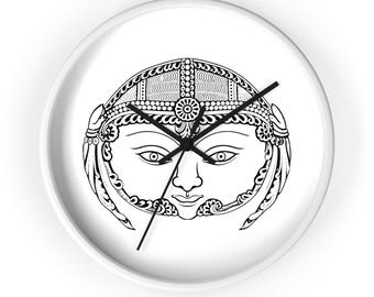 Persian Sassanian Motif Woman Face Wall Clock, Crowned Headdress (10 Inch)