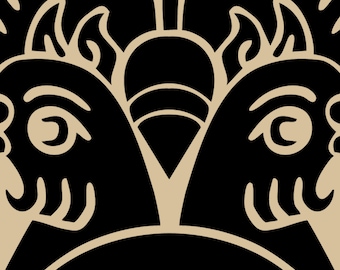 May include: A graphic illustration featuring two symmetrical, stylized animal heads facing outward in beige lines against a solid black background. The design includes curved, flame-like details above the heads and a row of circles at the base.