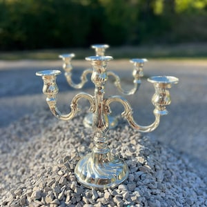 May include: A silver-toned metal candelabra featuring five candle holders arranged in a branching design. The base and the central stem exhibit a swirling, ribbed texture, while the curved arms support individual cups for taper candles.