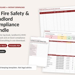 May include: A UK Fire Safety & Landlord Compliance Bundle featuring a fire safety log book, landlord and HMO safety pack, and an Excel compliance tracker. The documents include tables for weekly fire alarm tests, dashboards, and property safety checklists.
