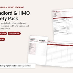 May include: A Landlord & HMO Safety Pack document set featuring 18 A4 pages of printable templates. The white documents include a tenancy start safety check, alarm register, and water hygiene records with dark red text and headers on a light background.
