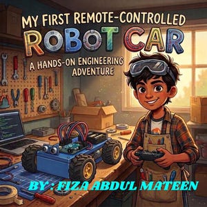 Puede incluir: Una portada de libro titulada My First Remote-Controlled Robot Car: A Hands-On Engineering Adventure por Fiza Abdul Mateen, con una ilustración de un niño con gafas protectoras sosteniendo un mando junto a un coche robot azul en un banco de trabajo.