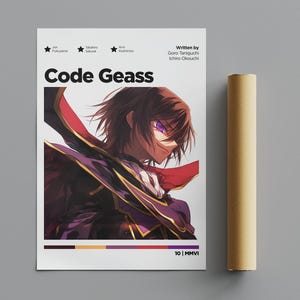 May include: A rectangular poster featuring an anime character with brown hair and purple eyes, wearing a dark purple and black outfit with a red cape. The text reads Code Geass, Jun Fukuyama, Takahiro Sakurai, Ami Koshimizu, Goro Taniguchi, Ichiro Okouchi, and 10 | MMVI.