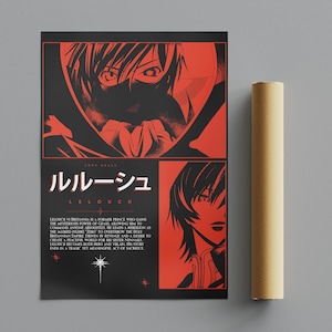 Pode incluir: Um cartaz retangular com um design gráfico em vermelho e preto de uma personagem de anime. A secção superior mostra uma figura mascarada, enquanto a parte inferior direita apresenta um retrato. O texto japonês diz ルルーシュ e o inglês LELOUCH.