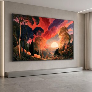 Vibrant Sunset Forest Canvas, Dramatic Sky Landscape, Nature Wall Art, Colorful Trees Canvas, Home Decor Painting