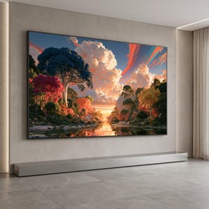 Vibrant Forest River Sunset Canvas, Colorful Nature Landscape, Dramatic Sky Clouds Wall Art, Scenic Outdoor Home Decoration