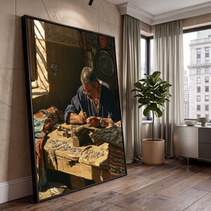 Artisan Crafting Jewelry Canvas, Workshop Scene Wall Art, Vintage Handcraft Canvas, Detailed Artwork Decoration, Home Studio Canvas Print