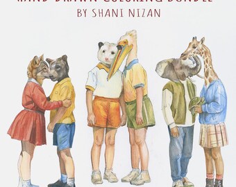 May include: A hand-drawn colouring bundle titled COUPLE SERIES VOL.1 BY SHANI NIZAN featuring three pairs of figures with animal heads, including a wolf, bear, opossum, pelican, elephant, and giraffe, with 5 colouring pages + 5 bonus examples.