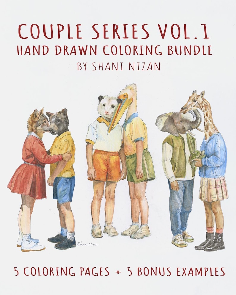 Printable animal couple coloring pages bundle, Couple Series Vol. 1 by artist Shani Nizan, with 5 coloring pages and 5 bonus coloring examples. Hand drawn colored illustration of whimsical human-bodied animal couples: a wolf in a red dress with a bear, a pelican with a possum, and an elephant with a giraffe in a plaid skirt. Adult coloring book PDF download.