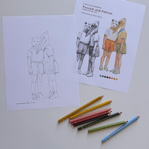 May include: Two printed sheets featuring line art and colored illustrations of a possum and a pelican with human bodies, titled "Coloring Examples Possum and Pelican Couple Series Vol. 1 Hand made by Shani Nizan," accompanied by six colored pencils.