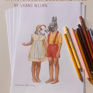 Printable donkey and sheep coloring page for adults, hand drawn by artist Shani Nizan. Colored illustration of a whimsical farm animal couple with human bodies standing together, shown on a printed page with colored pencils. Cozy coloring, PDF download.