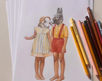 May include: A hand-drawn colouring page by Shani Nizan featuring a goat-headed figure in a yellow striped dress and a donkey-headed figure in a yellow shirt and red shorts. A stack of white paper and several coloured pencils are visible on the side.