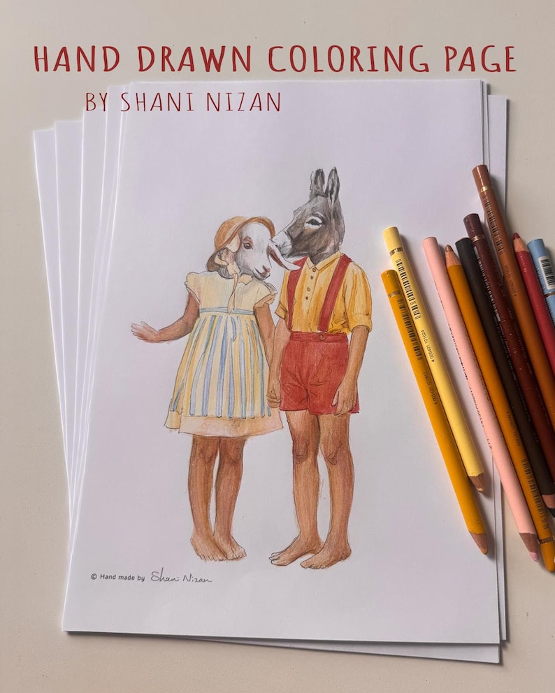 Printable donkey and sheep coloring page for adults, hand drawn by artist Shani Nizan. Colored illustration of a whimsical farm animal couple with human bodies standing together, shown on a printed page with colored pencils. Cozy coloring, PDF download.