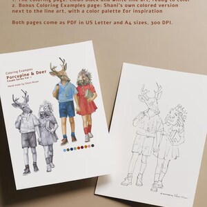 What you get with the porcupine and deer printable coloring page: a black and white line art page to color and a bonus coloring examples page with Shani Nizan's colored version and color palette. Hand drawn adult coloring PDF.
