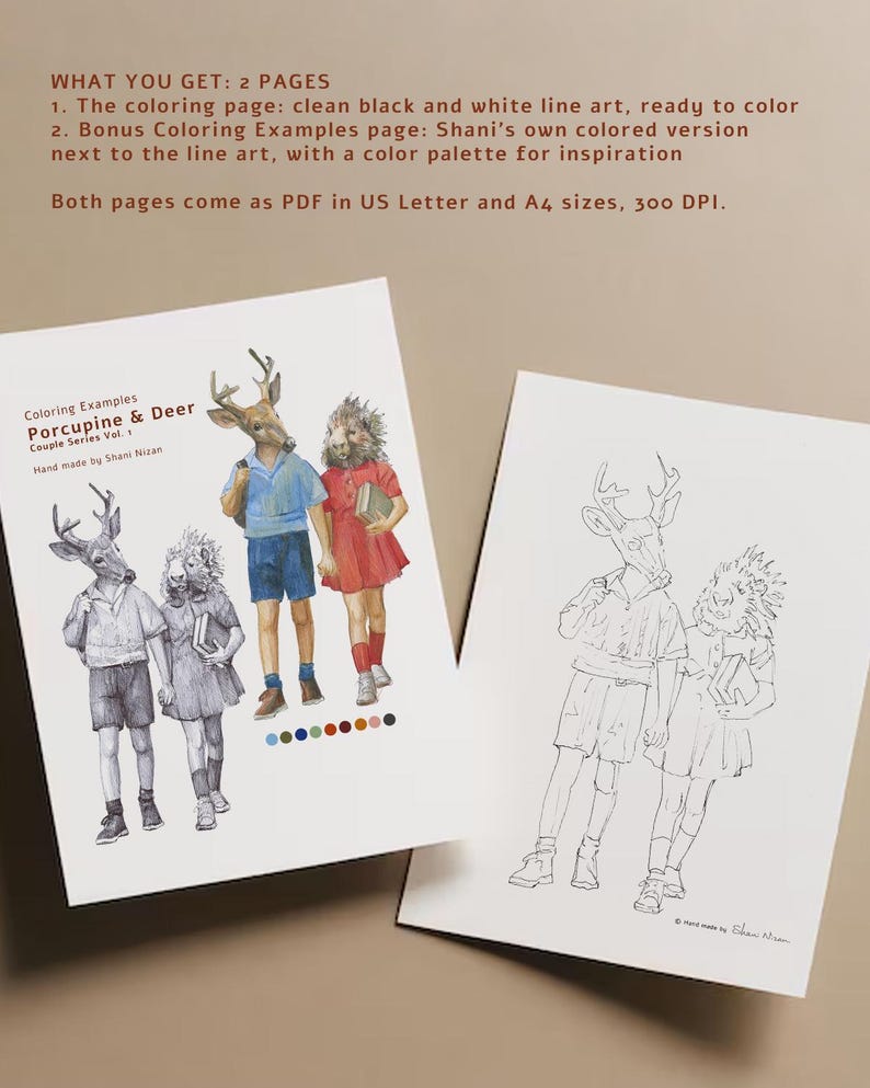 What you get with the porcupine and deer printable coloring page: a black and white line art page to color and a bonus coloring examples page with Shani Nizan's colored version and color palette. Hand drawn adult coloring PDF.
