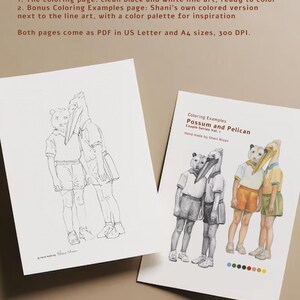 What you get with the possum and pelican printable coloring page: a black and white line art page to color and a bonus coloring examples page with Shani Nizan's colored version and color palette. Hand drawn adult coloring PDF.