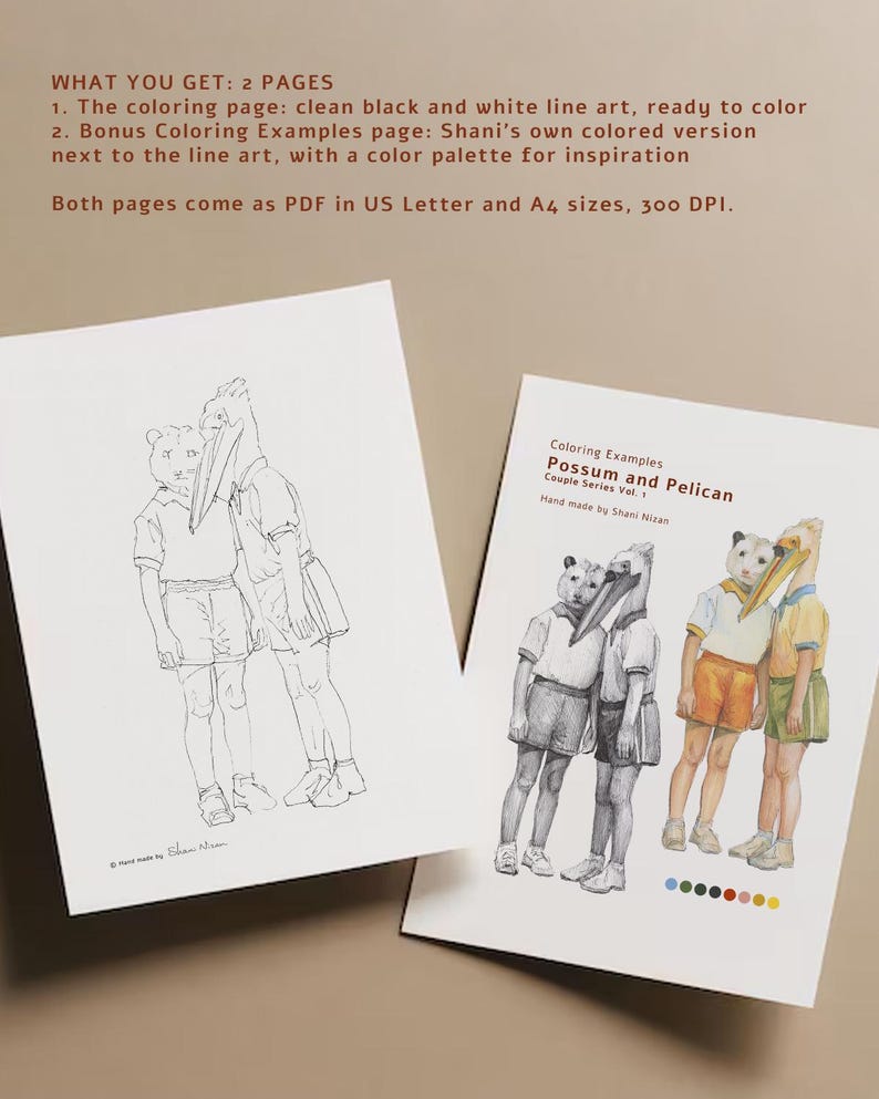 What you get with the possum and pelican printable coloring page: a black and white line art page to color and a bonus coloring examples page with Shani Nizan's colored version and color palette. Hand drawn adult coloring PDF.