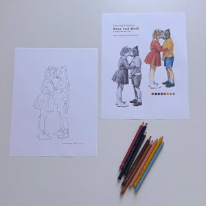 May include: Two white sheets of paper featuring line art and colored illustrations of a bear and wolf couple. One sheet shows a black and white outline, while the other displays a colored version with text "Coloring Examples Bear and Wolf". Six colored pencils are arranged nearby.