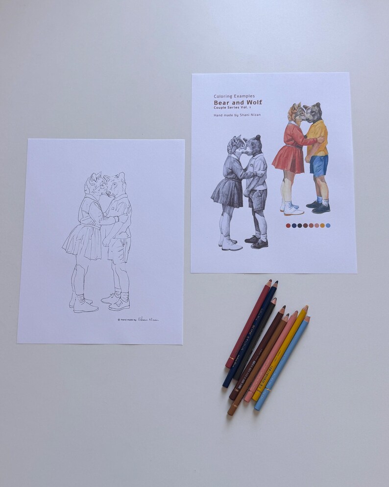 May include: Two white sheets of paper featuring line art and colored illustrations of a bear and wolf couple. One sheet shows a black and white outline, while the other displays a colored version with text "Coloring Examples Bear and Wolf". Six colored pencils are arranged nearby.