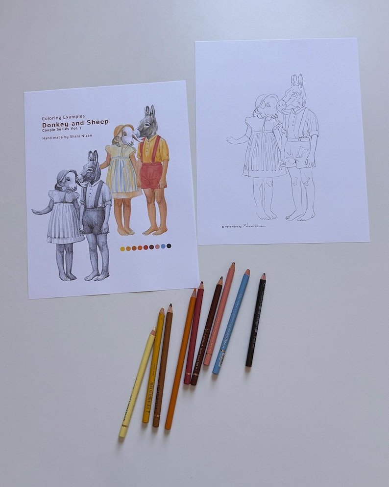 May include: Two sheets of paper featuring line art of a child with a sheep head and a child with a donkey head. One sheet shows colored examples with the text Coloring Examples Donkey and Sheep Couple Series Vol. 1. Eight colored pencils are arranged below.