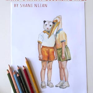 Printable possum and pelican coloring page for adults, hand drawn by artist Shani Nizan. Colored illustration of a whimsical animal couple standing side by side: a possum in a white shirt and orange shorts and a pelican in a yellow shirt and green shorts, shown on a printed page with colored pencils. Quirky animal lover gift, PDF download.