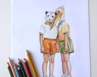 May include: A hand-drawn colouring page by Shani Nizan featuring two figures with animal heads, an opossum and a pelican, wearing collared shirts and shorts. The illustration is rendered in coloured pencil, accompanied by several coloured pencils.