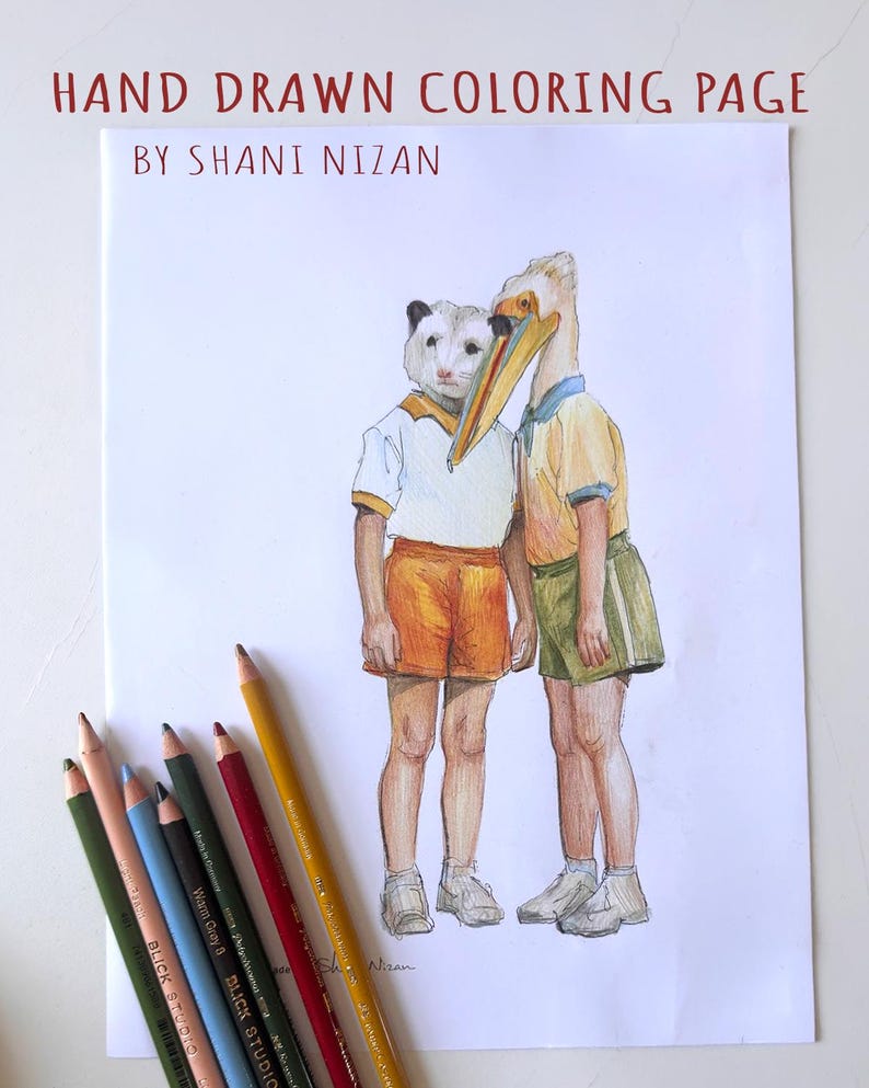 Printable possum and pelican coloring page for adults, hand drawn by artist Shani Nizan. Colored illustration of a whimsical animal couple standing side by side: a possum in a white shirt and orange shorts and a pelican in a yellow shirt and green shorts, shown on a printed page with colored pencils. Quirky animal lover gift, PDF download.