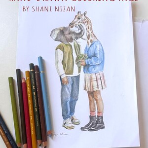 Printable giraffe and elephant coloring page for adults, hand drawn by artist Shani Nizan. Colored illustration of a whimsical animal couple with human bodies standing together, shown on a printed page with colored pencils. Romantic gift, PDF download.