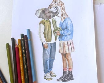 May include: A hand drawn coloring page by Shani Nizan featuring an illustration of an elephant-headed figure in a vest and jeans standing next to a giraffe-headed figure in a blue jacket and plaid skirt, holding a small turtle, with colored pencils.