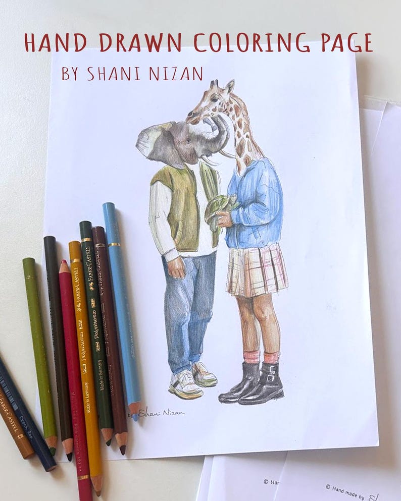 Printable giraffe and elephant coloring page for adults, hand drawn by artist Shani Nizan. Colored illustration of a whimsical animal couple with human bodies standing together, shown on a printed page with colored pencils. Romantic gift, PDF download.