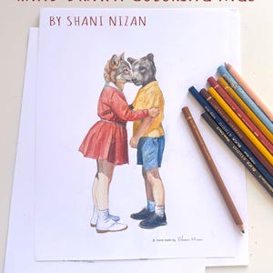 May include: A hand-drawn coloring page by Shani Nizan featuring an illustration of a wolf-headed figure in a red dress and a bear-headed figure in a yellow shirt and blue shorts. Several colored pencils are arranged diagonally on the right side.