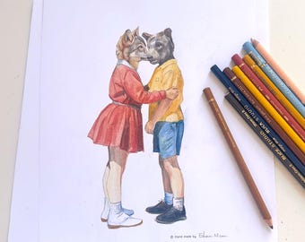 May include: A hand-drawn colouring page by Shani Nizan featuring an illustration of a wolf-headed figure in a red dress and a bear-headed figure in a yellow shirt and blue shorts. Several coloured pencils are arranged diagonally on the right side.