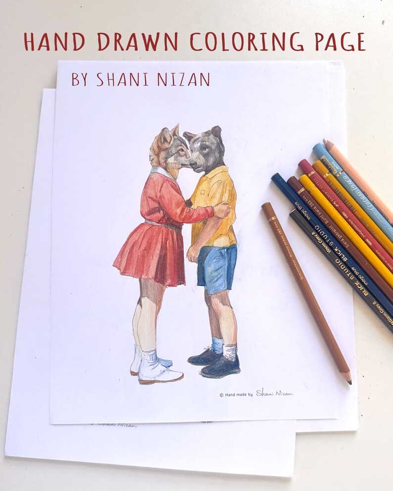 Printable bear and wolf coloring page for adults, hand drawn by artist Shani Nizan. Colored illustration of a whimsical animal couple: a wolf in a red dress and a bear in a yellow shirt and blue shorts, shown on a printed page with colored pencils. Couples gift, PDF download.