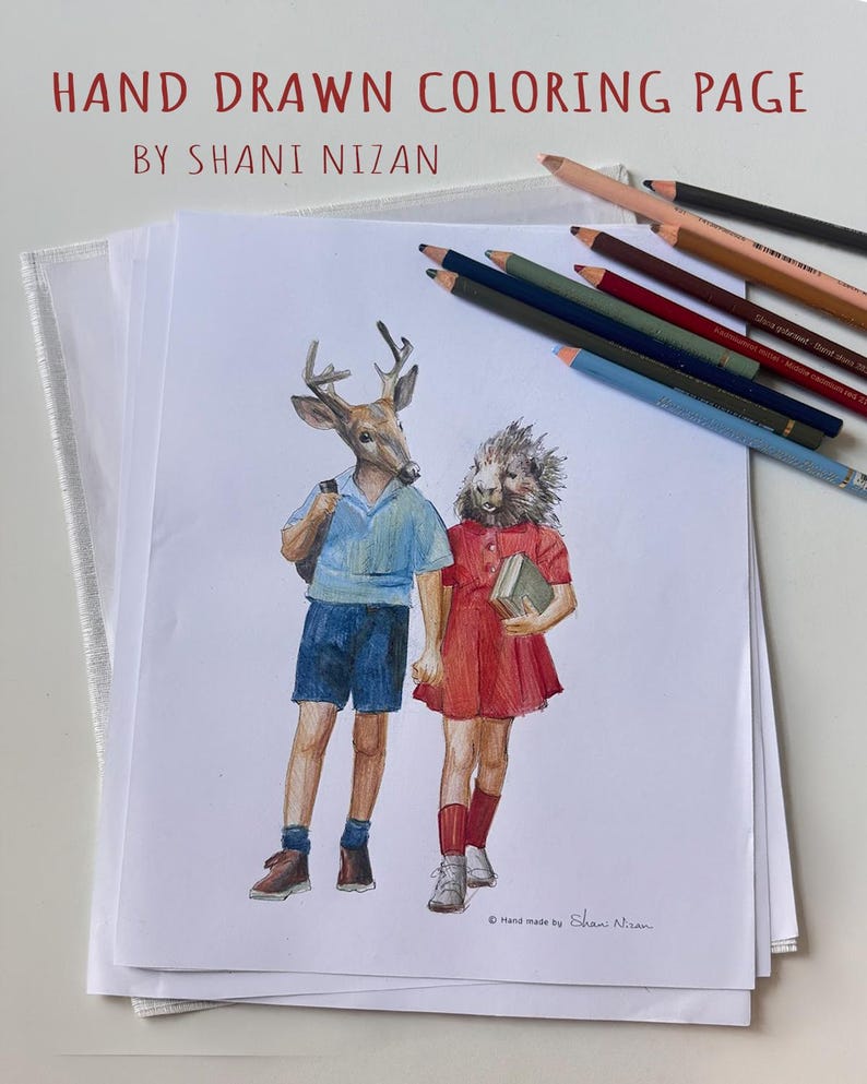 Printable porcupine and deer coloring page for adults, hand drawn by artist Shani Nizan. Colored illustration of a whimsical woodland animal couple with human bodies standing together, shown on a printed page with colored pencils. Nature lover gift, PDF download.