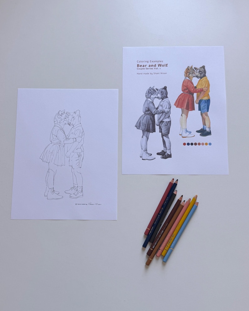 May include: Two white sheets of paper featuring line art and colored illustrations of a bear and wolf couple. One sheet shows a black and white outline, while the other displays a colored version with text "Coloring Examples Bear and Wolf". Six colored pencils are arranged nearby.