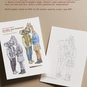 What you get with the giraffe and elephant printable coloring page: a black and white line art page to color and a bonus coloring examples page with Shani Nizan's colored version and color palette. Hand drawn adult coloring PDF.