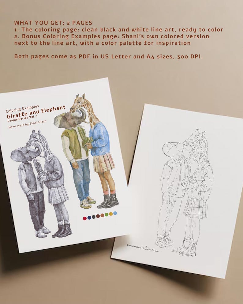 What you get with the giraffe and elephant printable coloring page: a black and white line art page to color and a bonus coloring examples page with Shani Nizan's colored version and color palette. Hand drawn adult coloring PDF.